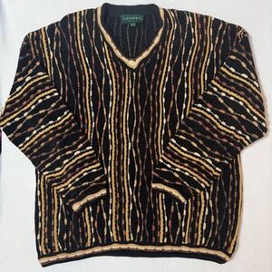 Tundra Canada Coogi Style 3D Knit Sweater Mens XL V-Neck Black Tan Textured Vtg